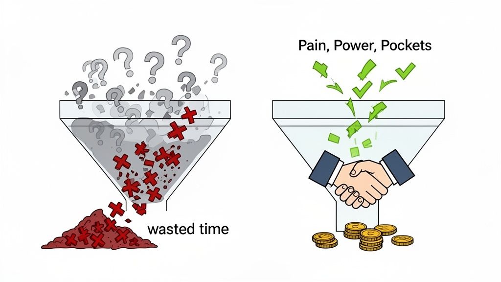 Two funnels showing contrasting sales lead qualification: wasted time from bad leads versus successful deals from good leads.