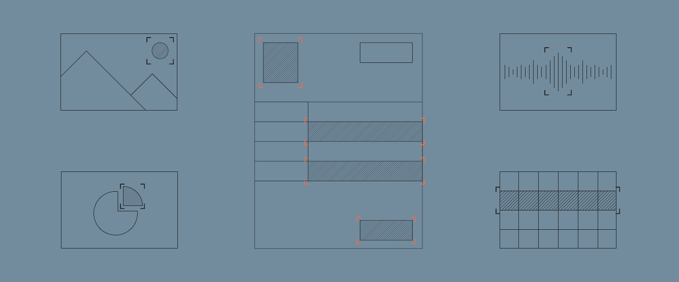 Icons: image, audio, pie chart, document, grid