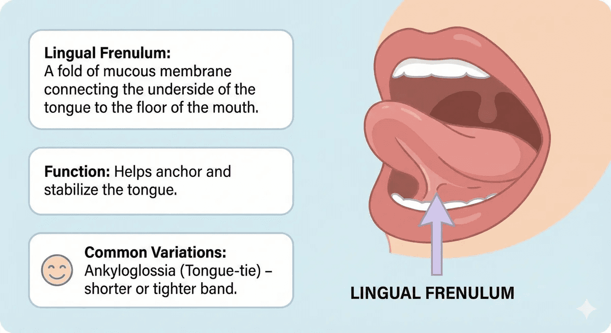 Infographic if the lingual frenulum describing its function and variation that requires a Frenectomy in North York, ON at Sovrle Dental Clinic