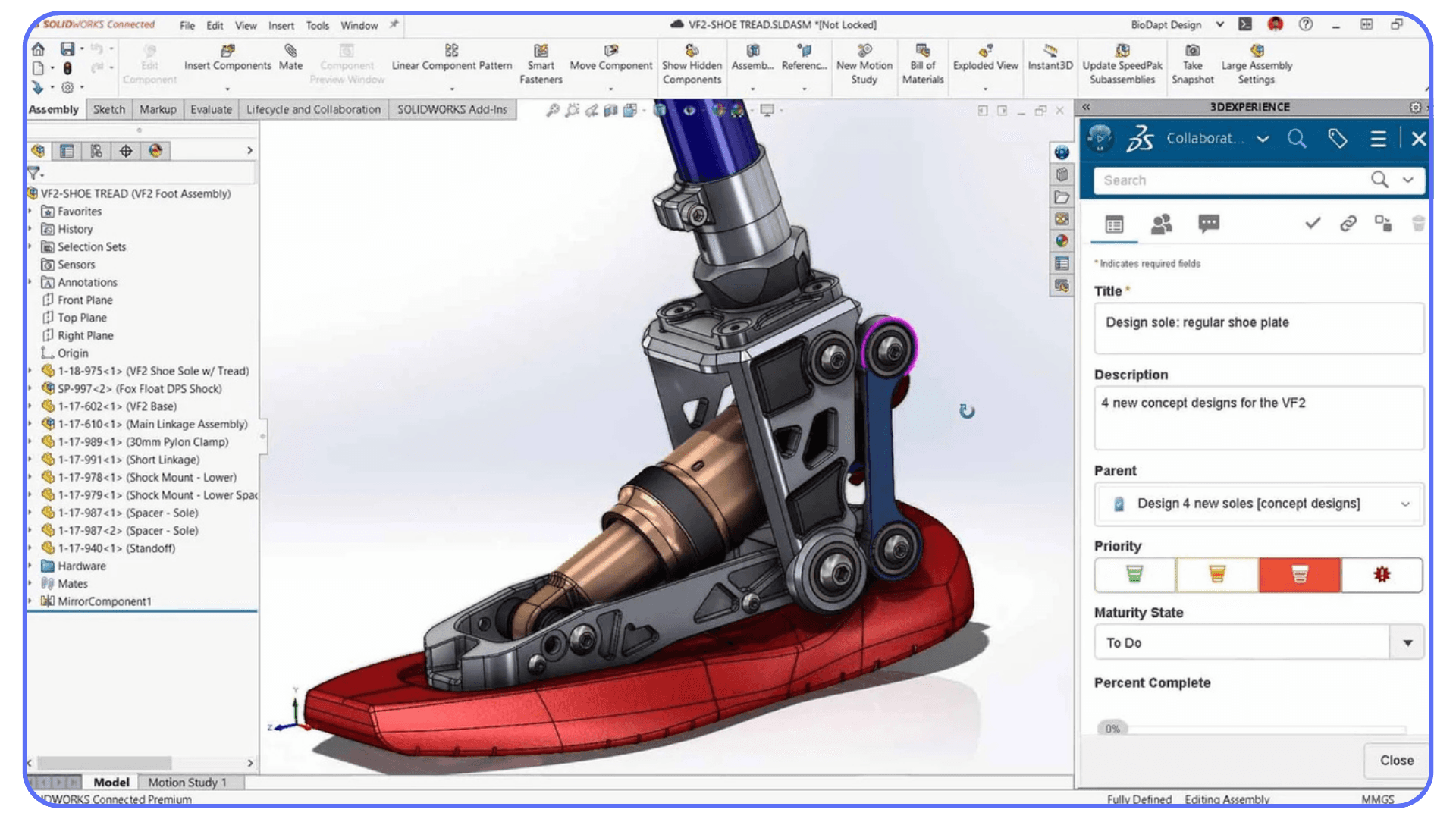 SolidWorks assembly showing a mechanical foot and shock absorber with 3DEXPERIENCE panel open on the right