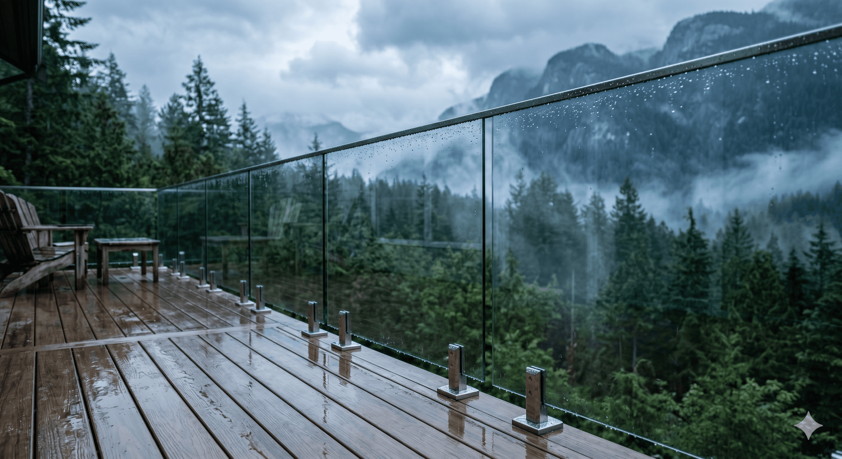 Squamish glass railing engineered for Sea-to-Sky rainfall and wind exposure on a mountain home deck.