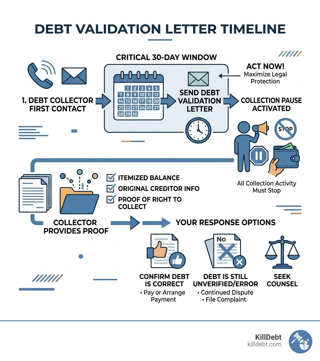 Debt validation letter timeline infographic showing 30-day window, collection pause, and response steps - example debt