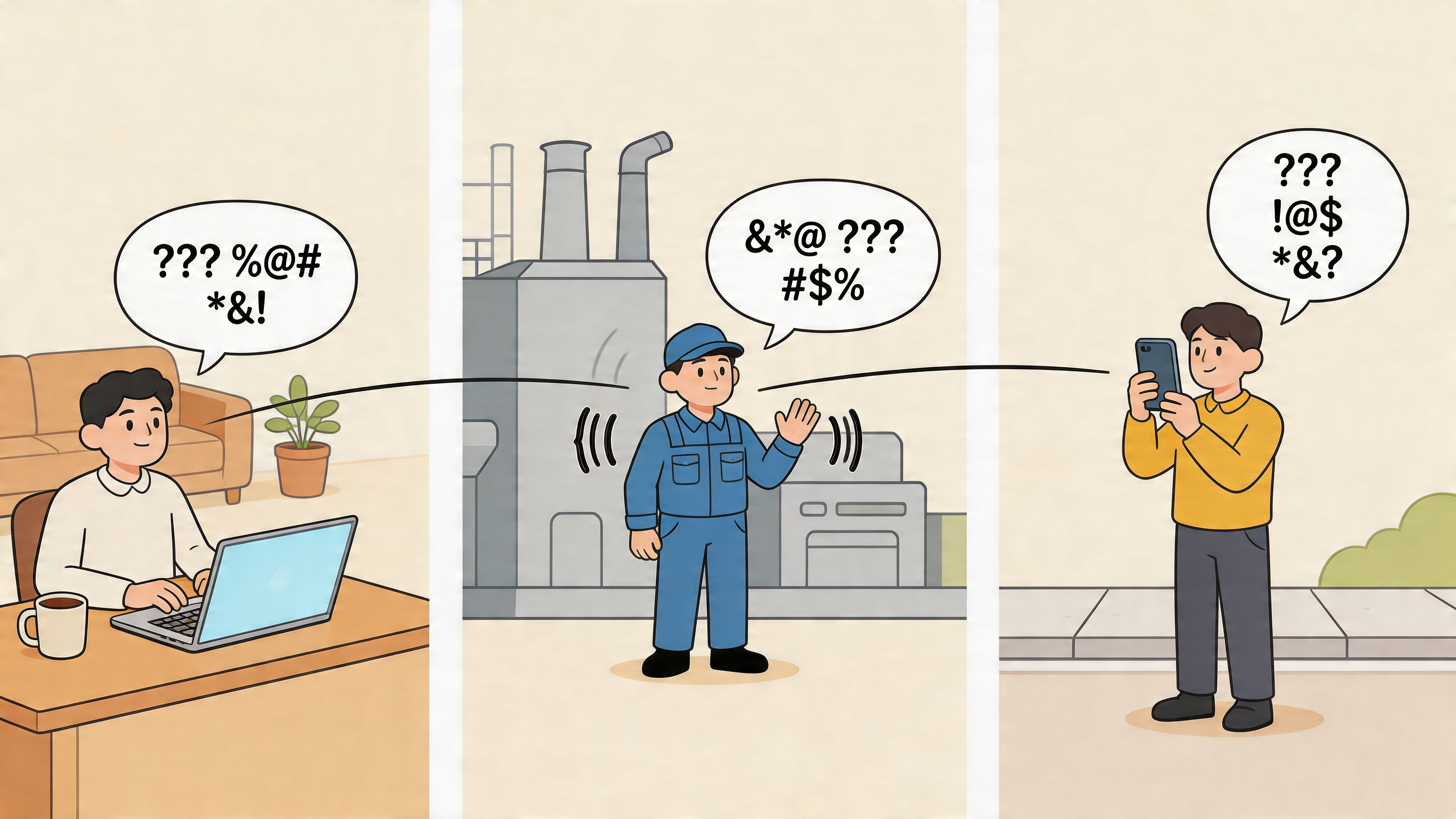 A three-part illustration showing three people communicating with distorted speech bubbles, symbolizing a digital communication barrier.