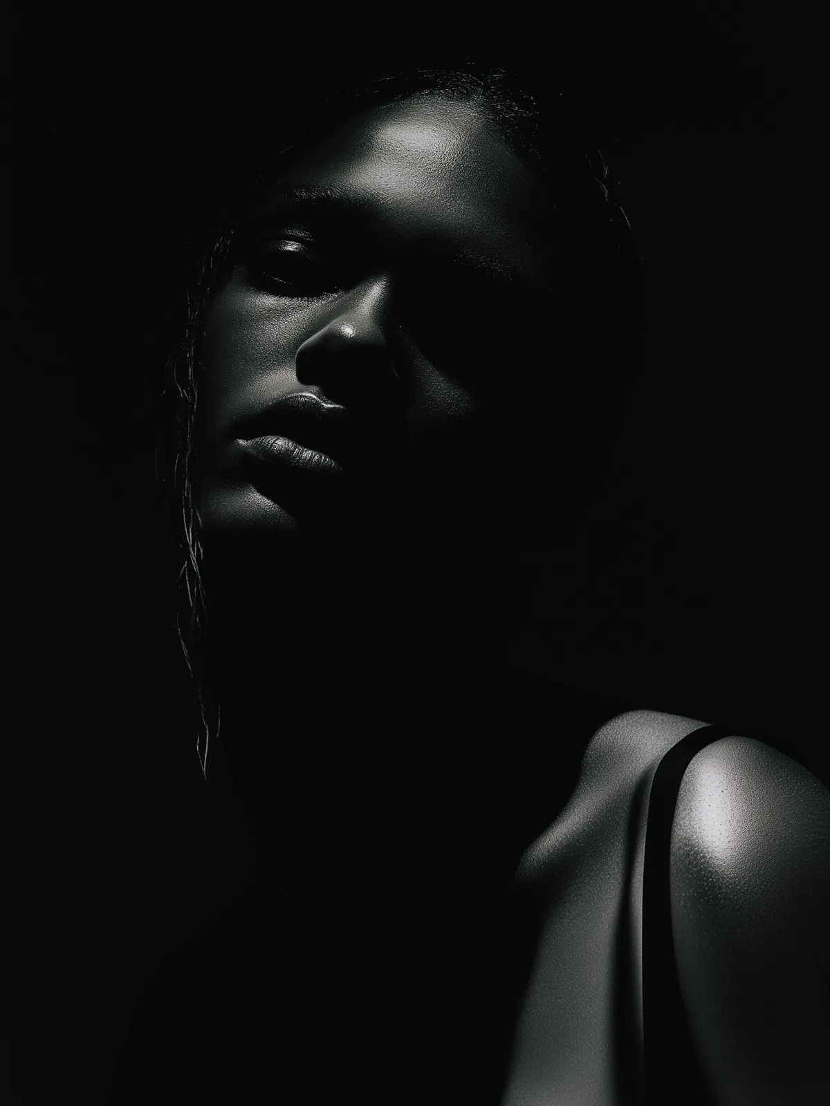 Low-key close-up portrait with a bare shoulder and highlights across the face.
