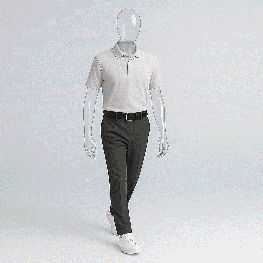 Animated model wearing a white short-sleeve woven corporate uniform shirt and black dress trousers.