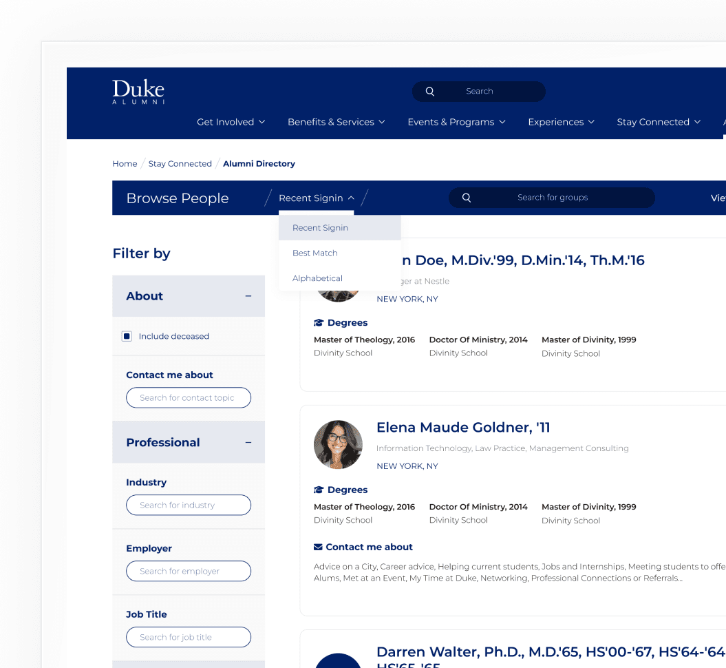 Duke Aluni Search Filters