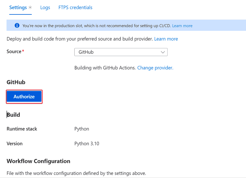 Authorizing your GitHub account to connect to Azure.