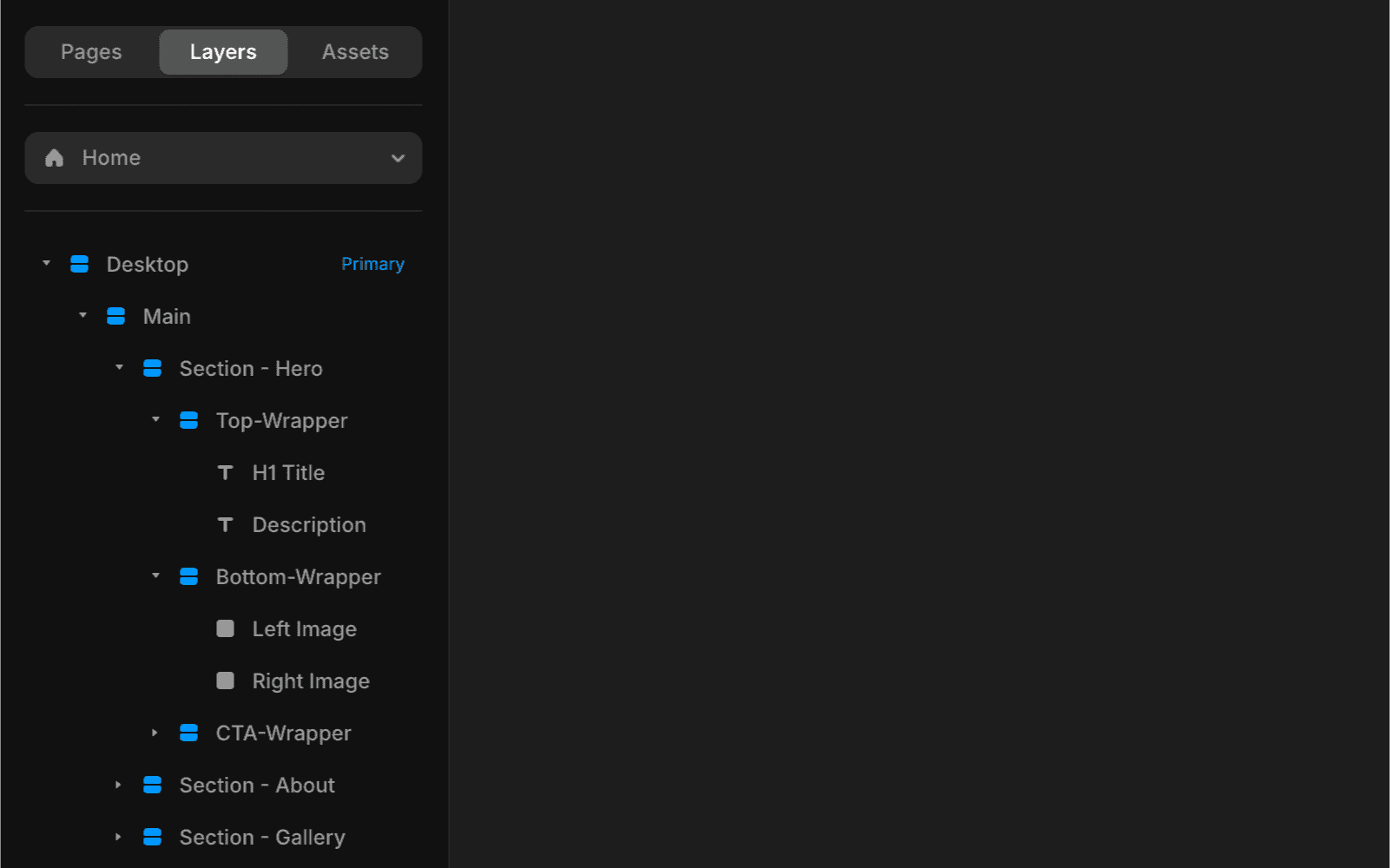 Framer UI layers panel showing hierarchical structure of sections in a web design project.