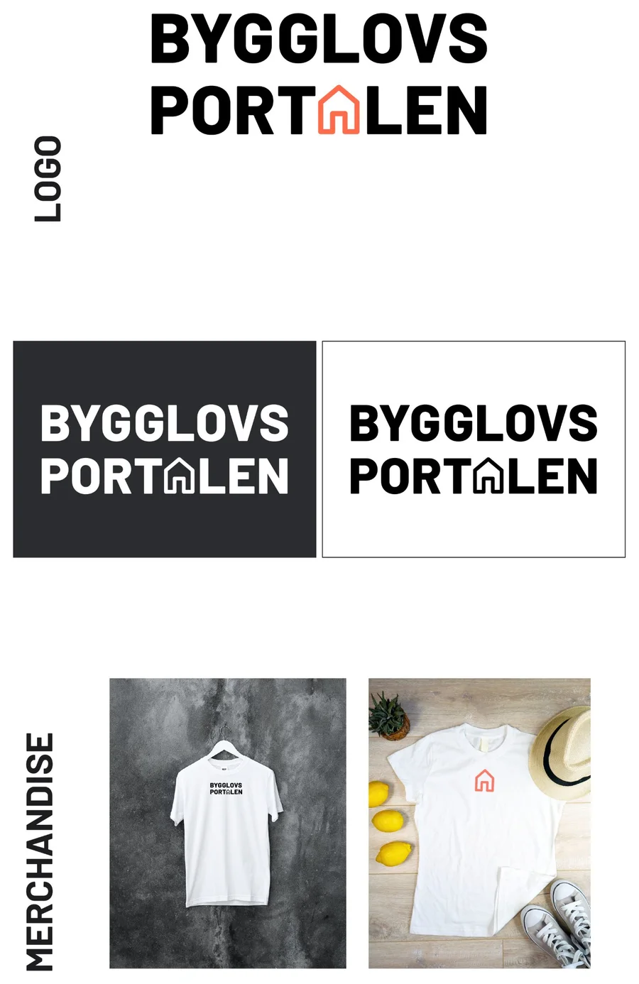 Bygglovsportalen wordmark with a house replacing the A, in colour, on dark and on white, and on t-shirts