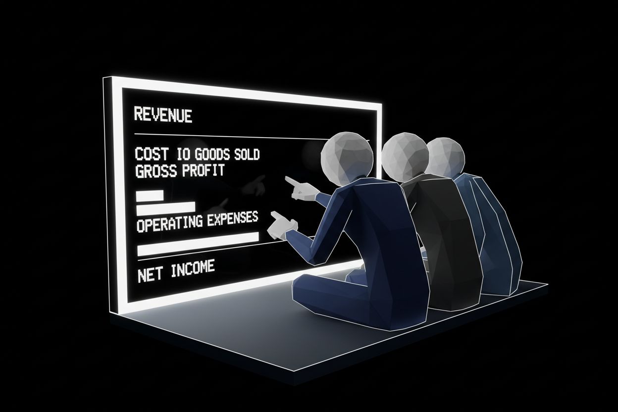 A finance team looking at income statement figures on a screen