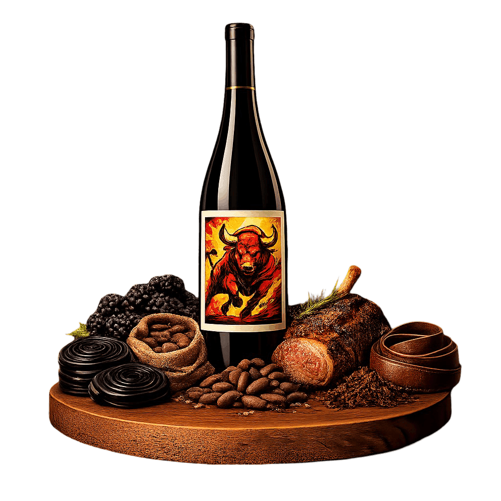 Artistic label and flavor profile for Spanish Toro Red on a rustic wooden table.