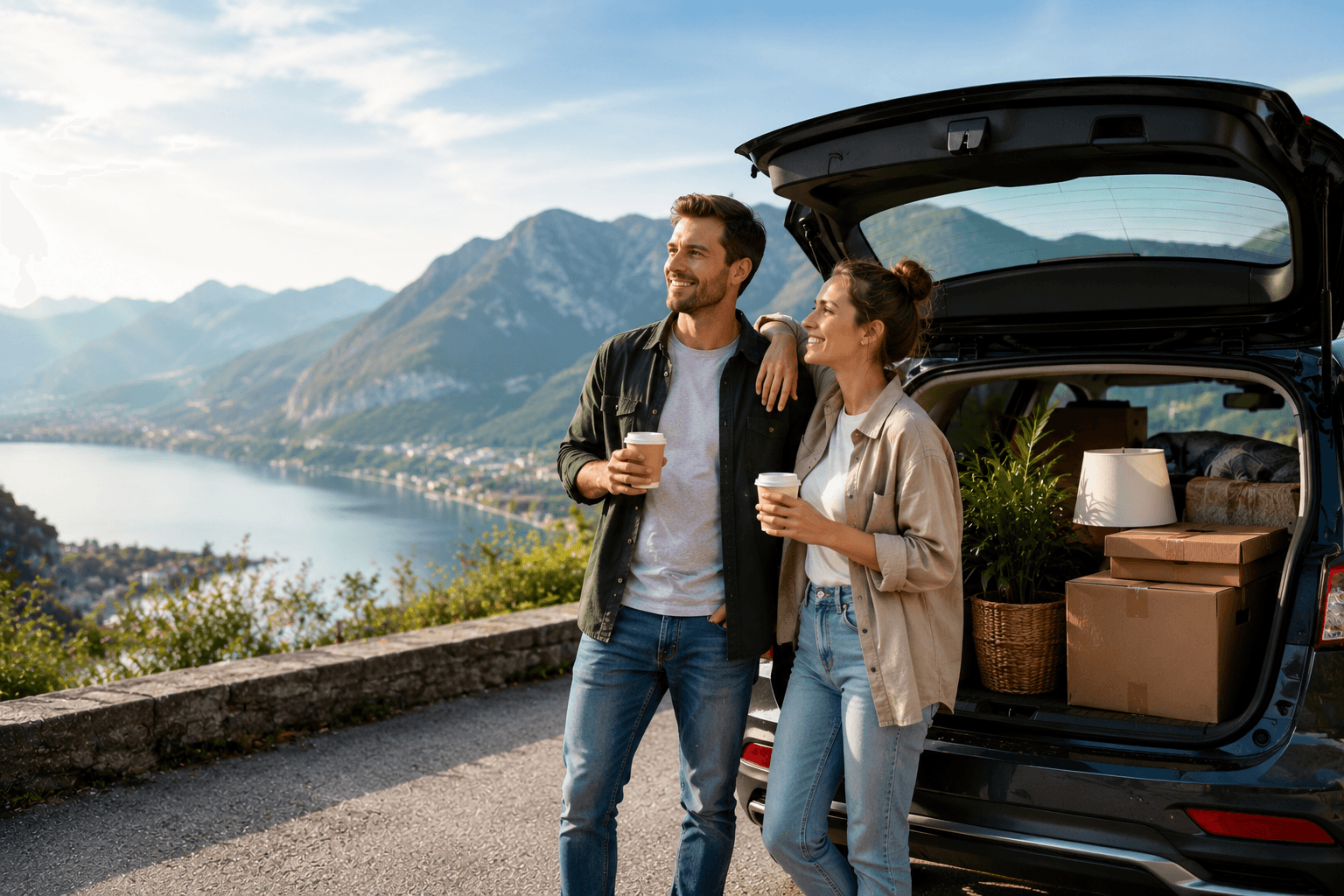 Fernumzug ein Paar zieht um trinkt kaffee