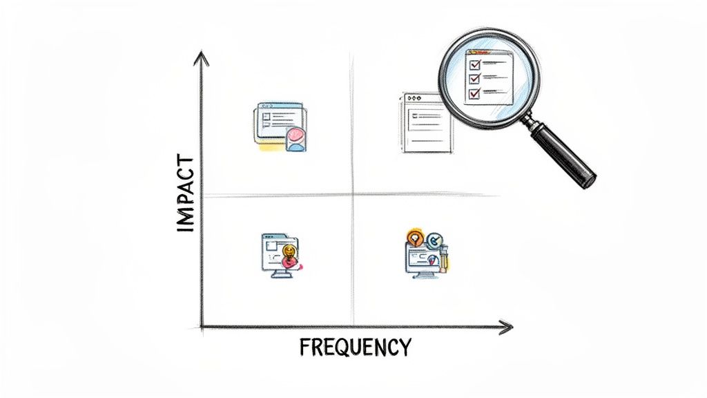 A matrix charting impact versus frequency, with tasks like checklists and user experience, zoomed by a magnifying glass.
