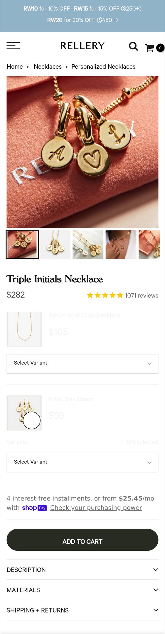 Jewelry product options include: necklace, pendant for Triple Initials Necklace from Rellery.