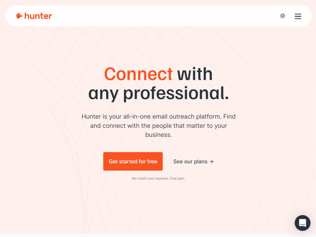 Email outreach platform homepage with "Connect with any professional" text.