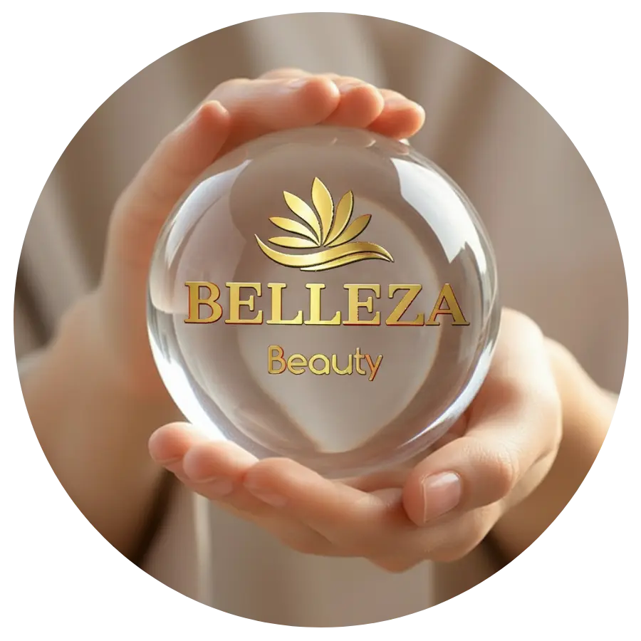Logo Belleza Beauty w szklanej kuli trzymanej w dłoniach
