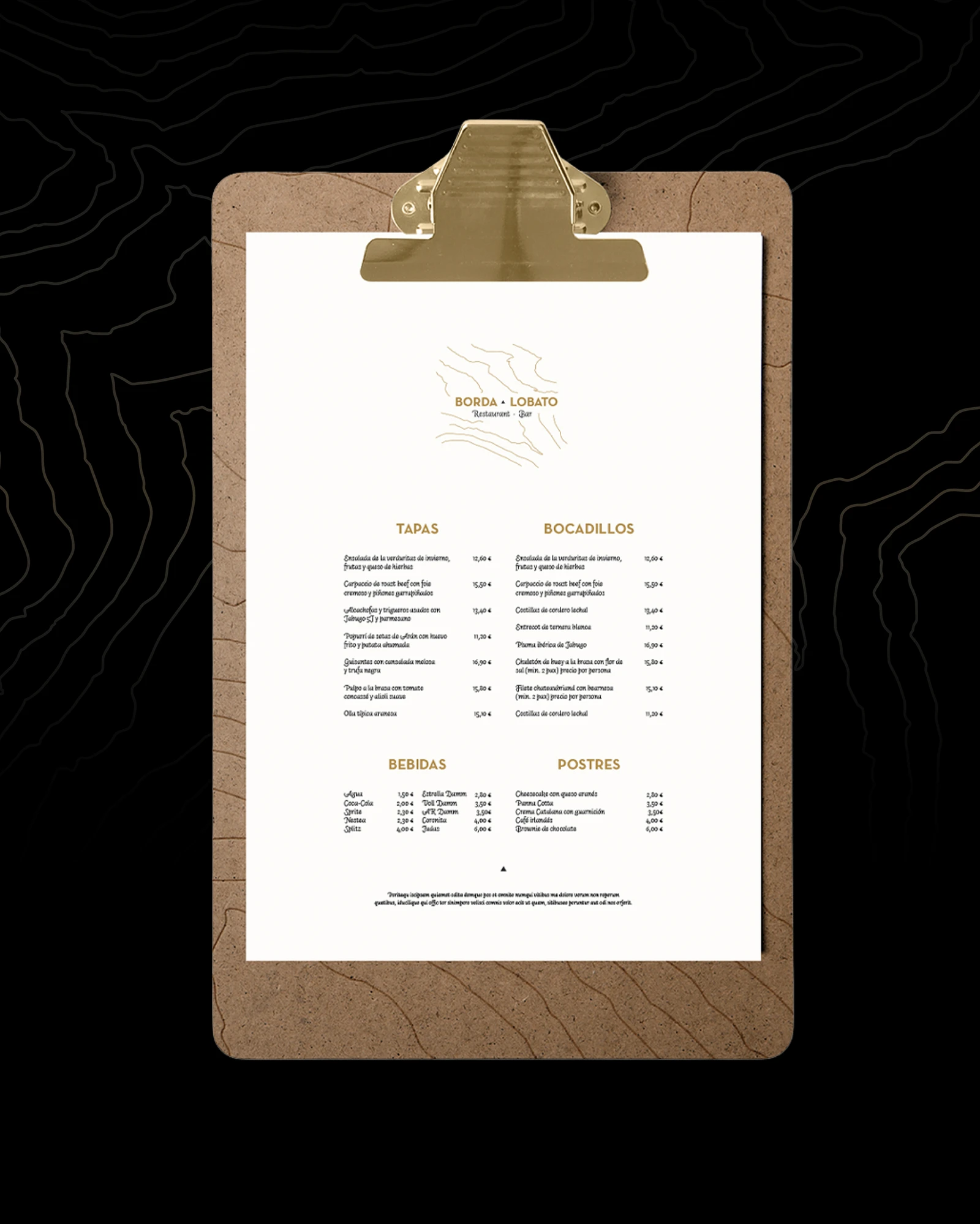 Borda Lobato menu on a wooden clipboard, brand identity design by Sebastian Saavedra