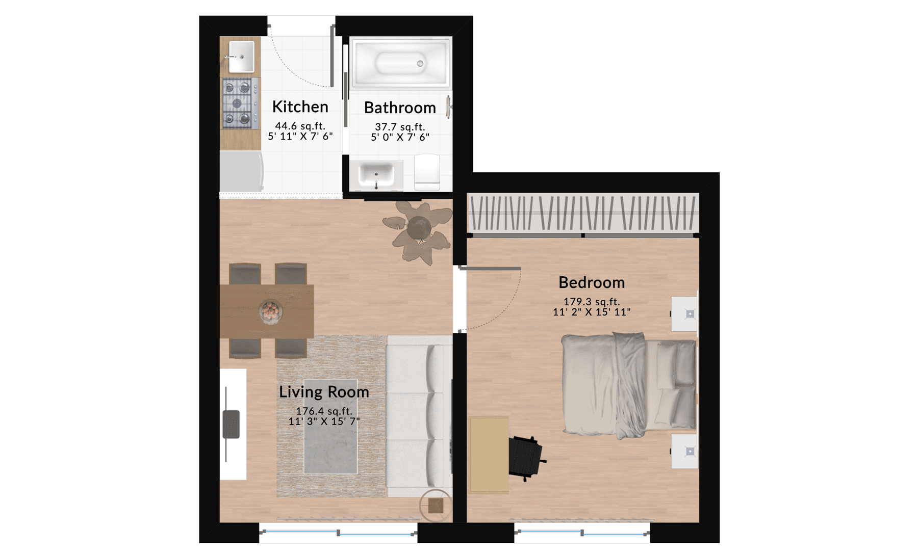 Furnished one-bedroom apartment floor plan featuring a kitchen, bathroom, living room, bedroom, and dining area with modern design elements.