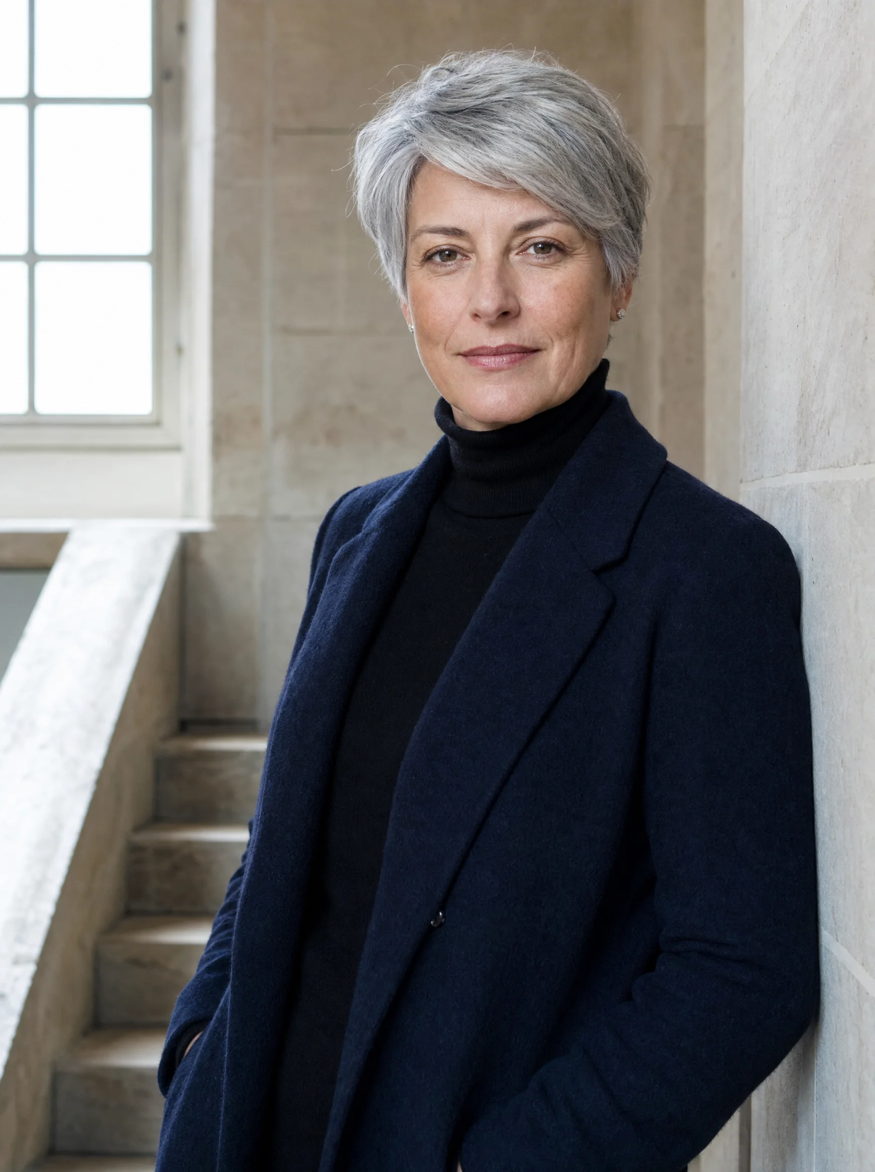 Isla Dunbar, founding partner, in a stone stairwell