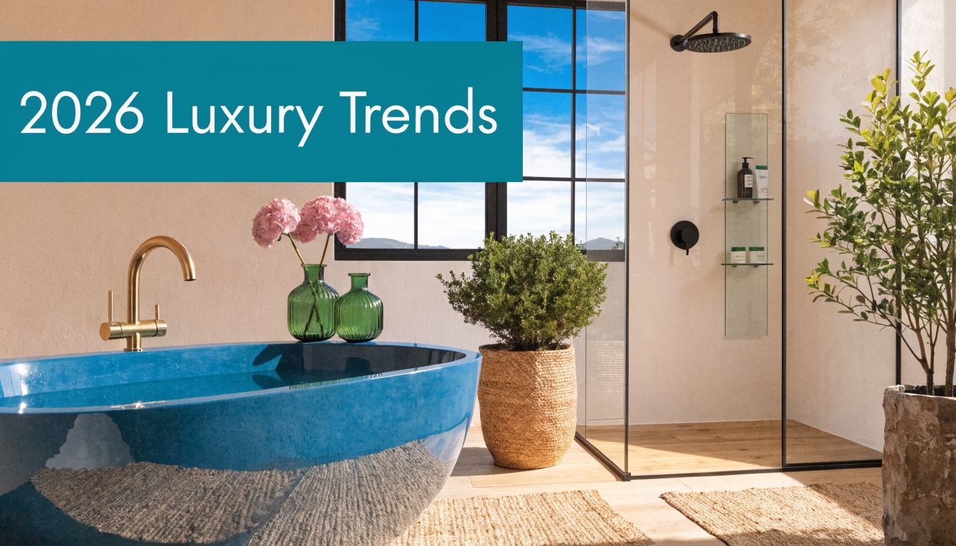 A luxurious bathroom featuring a bright blue soaking tub, a walk-in glass shower, and indoor potted plants.