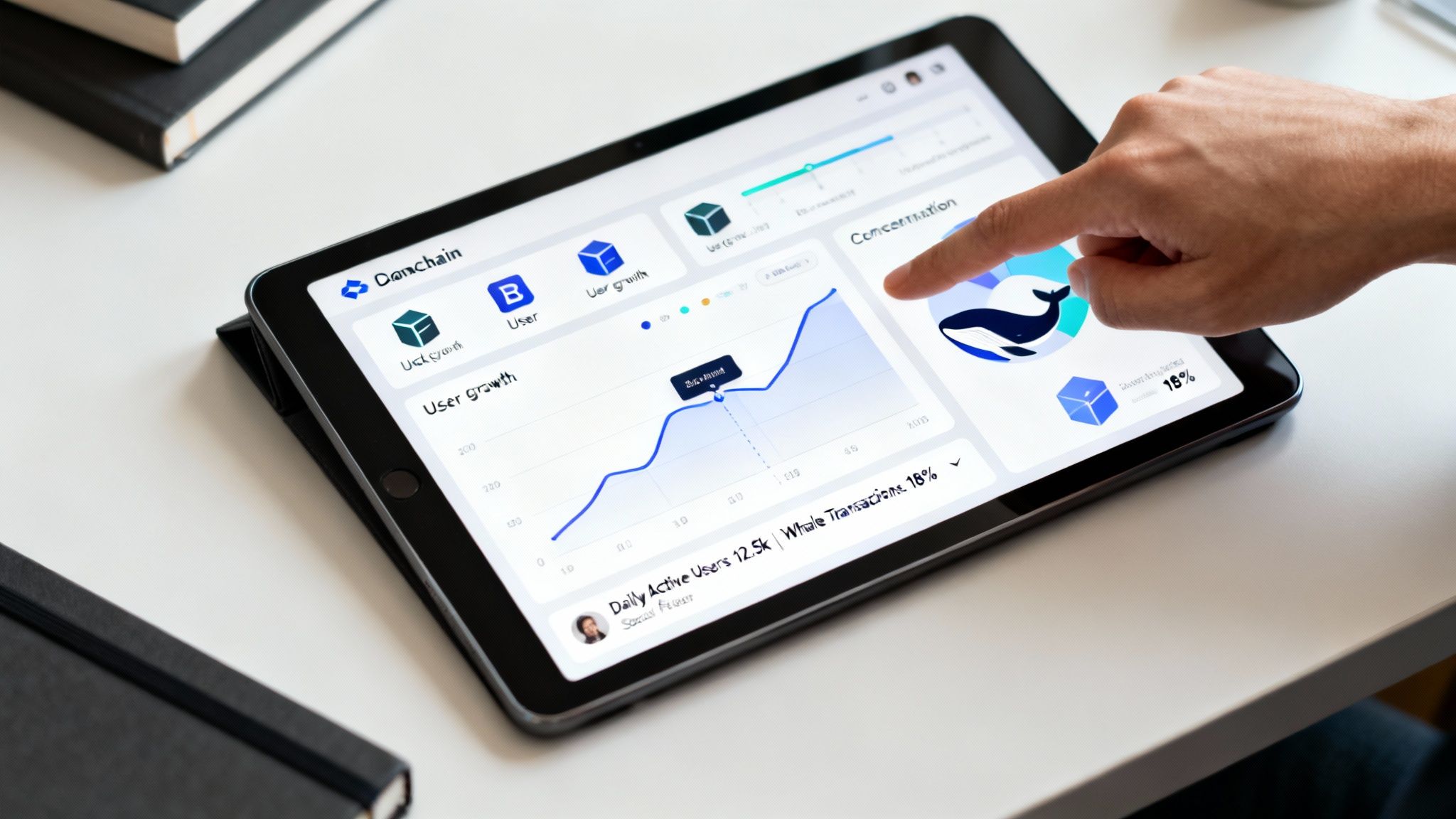 A hand taps a tablet displaying a blockchain data dashboard with user growth and whale transaction metrics.