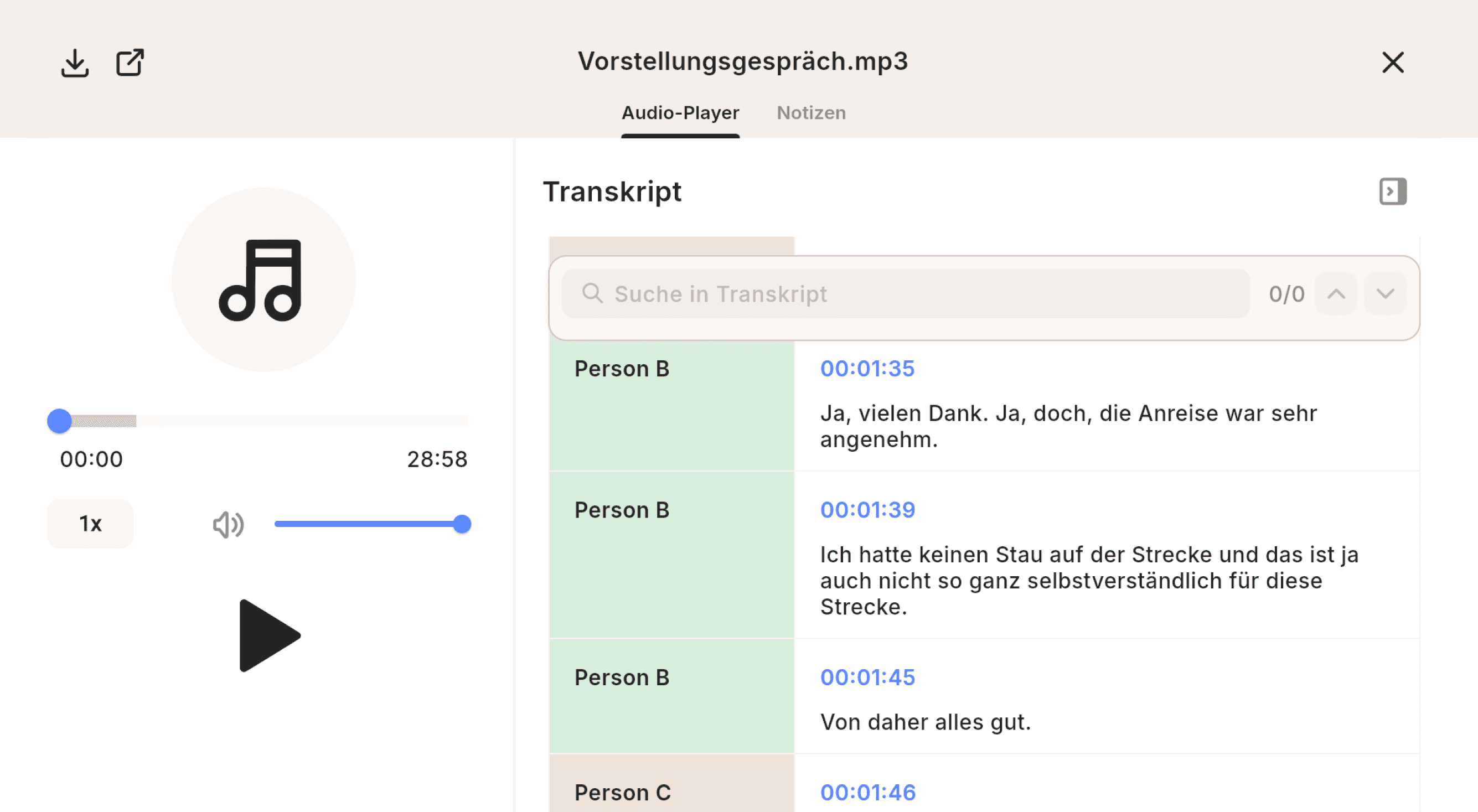 Beispiel-Transkript einer Unterhaltung aufgenommen in winkk AI.