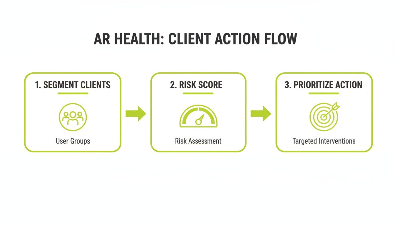 A flowchart illustrating the AR Health client action flow for segmenting, risk scoring, and prioritizing interventions.