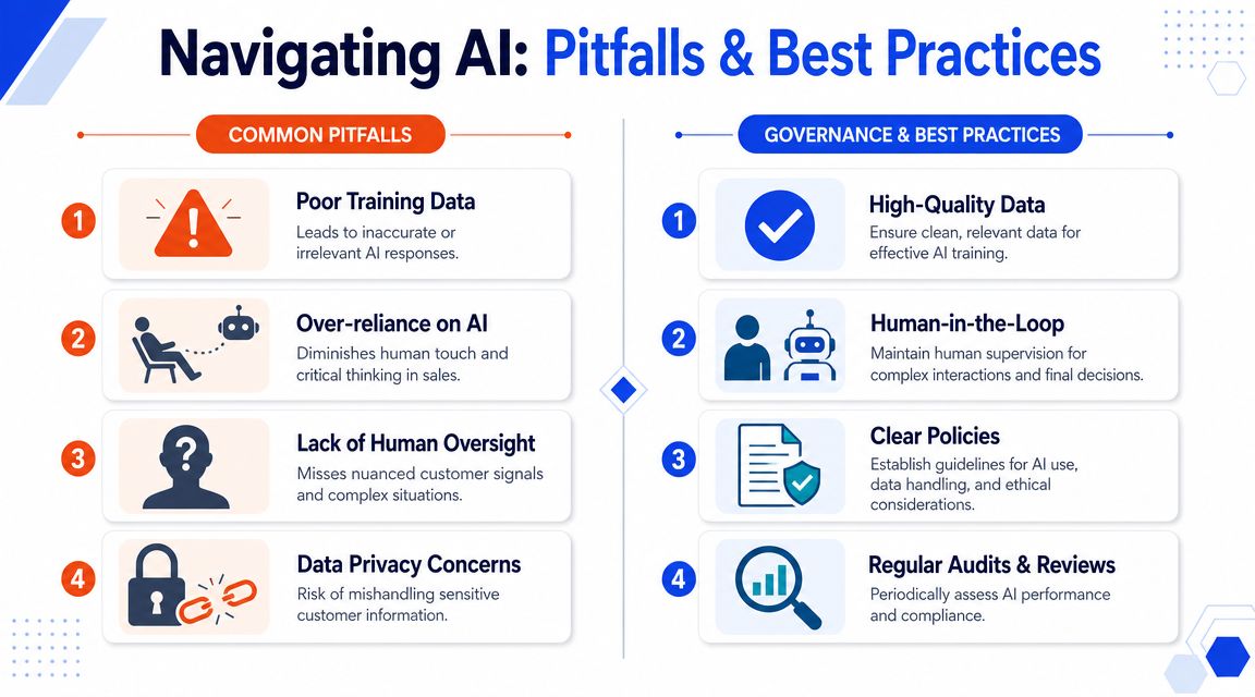 A comparative infographic titled Navigating AI showing common pitfalls on the left and best practices on the right.