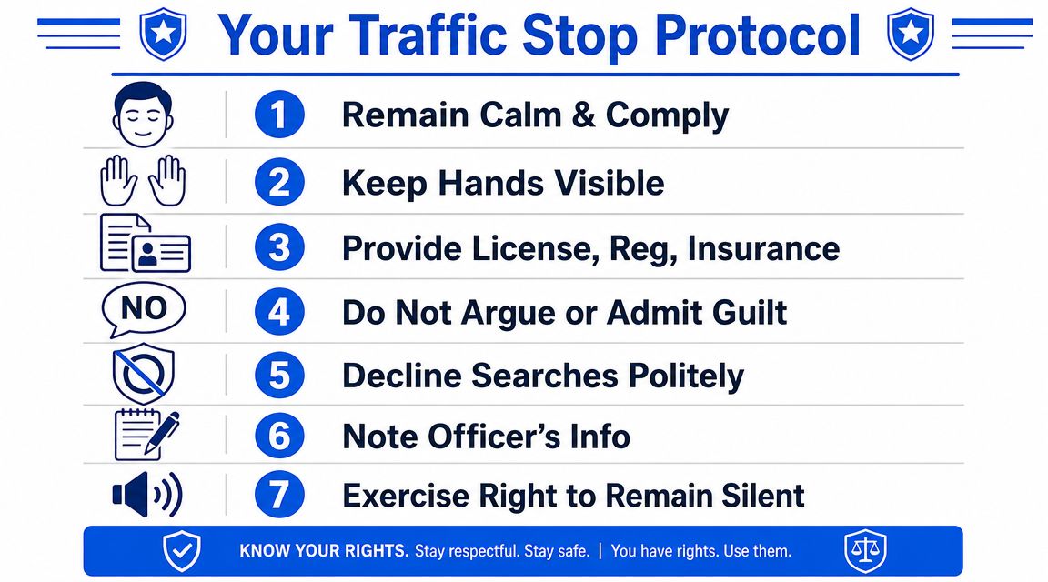A visual guide outlining seven steps to take during a traffic stop to ensure safety and rights.