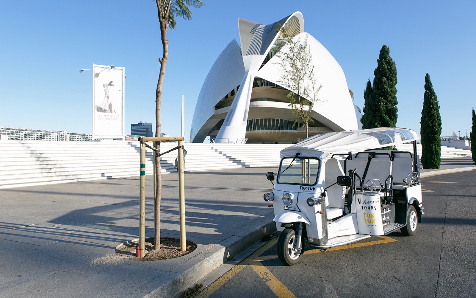 Tuk Tuk parked near Valencia's City of Arts and Sciences.
