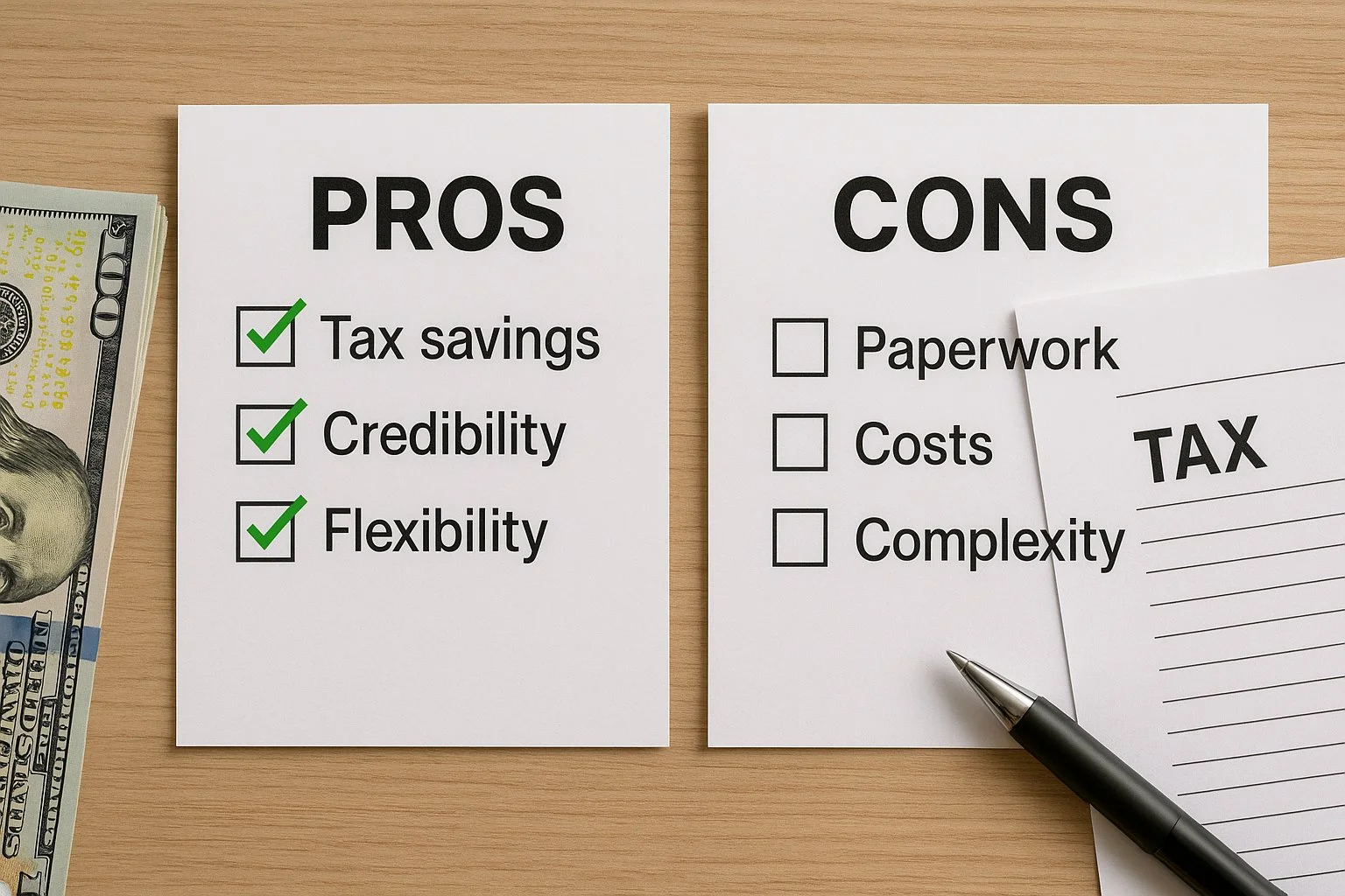 Split image showing pros like tax savings, credibility, and flexibility on one side, and cons like paperwork, costs, and complexity on the other.