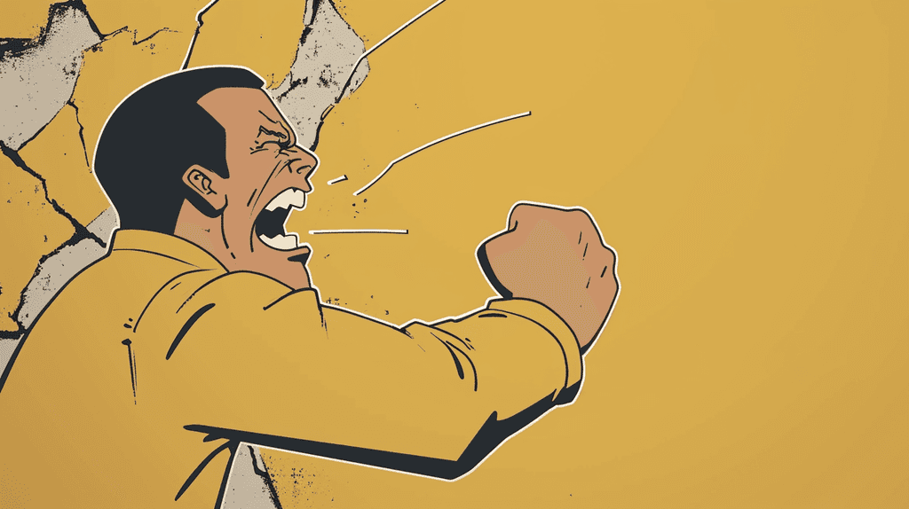 An illustration of a man in a state of rage, his fist punching through a wall, representing the explosive and destructive nature of suppressed psychological turmoil.