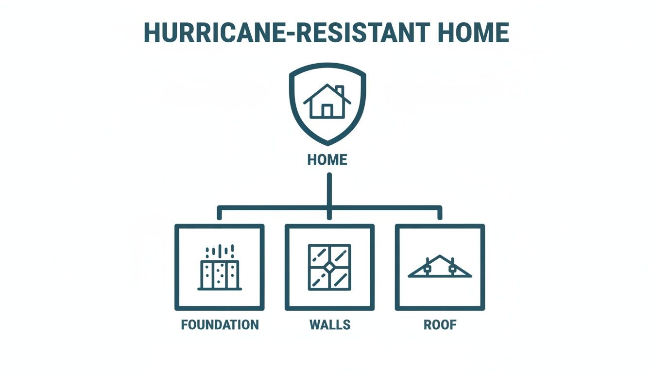 Diagram illustrating a hurricane-resistant home, detailing its foundation, walls, and roof for structural integrity.