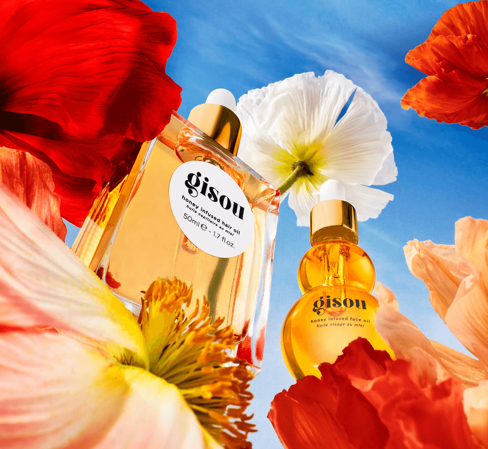 A stylish cosmetic bottle surrounded by colorful flowers against a bright blue sky.