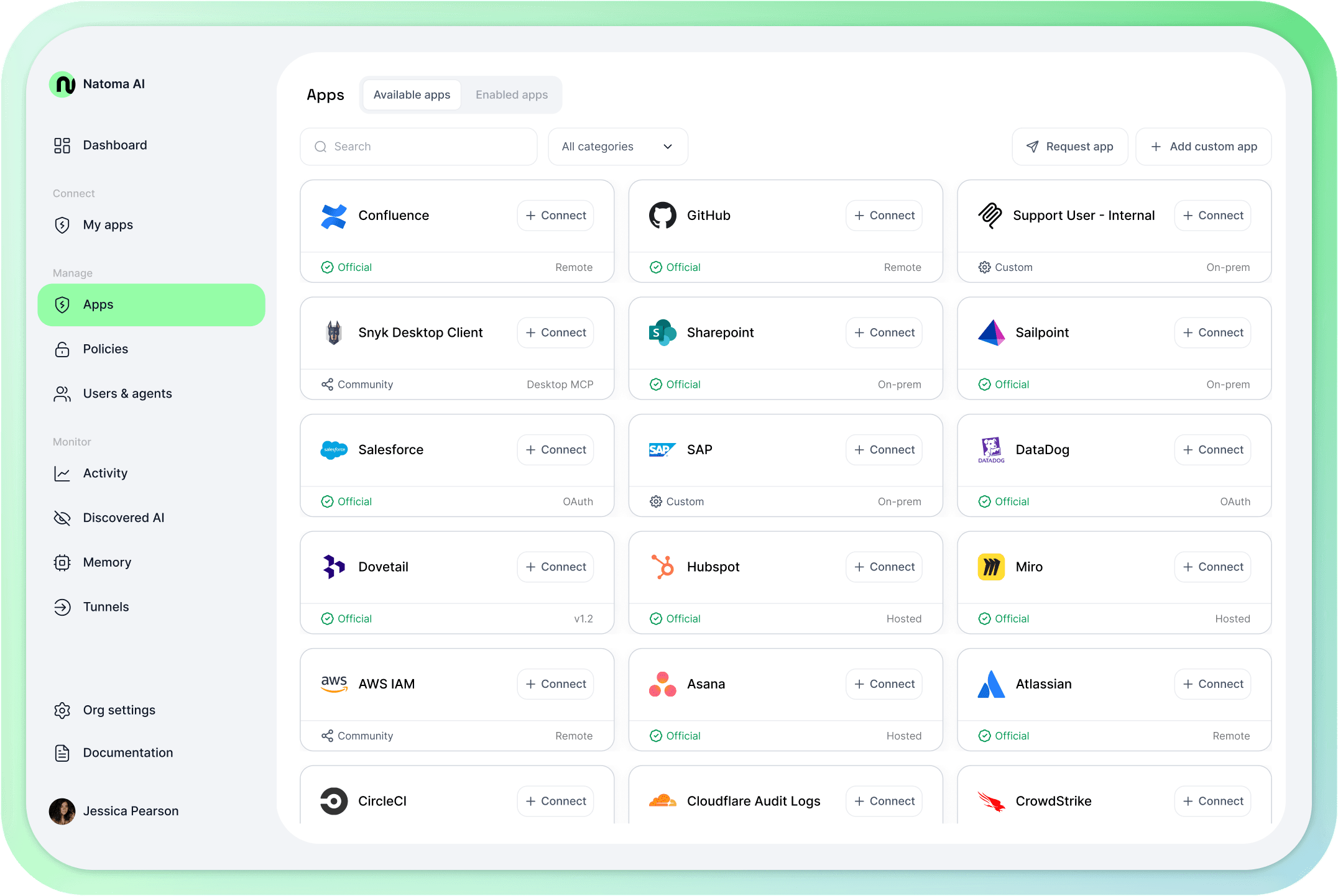 The Natoma web app showing numerous MCP servers that can be connected to