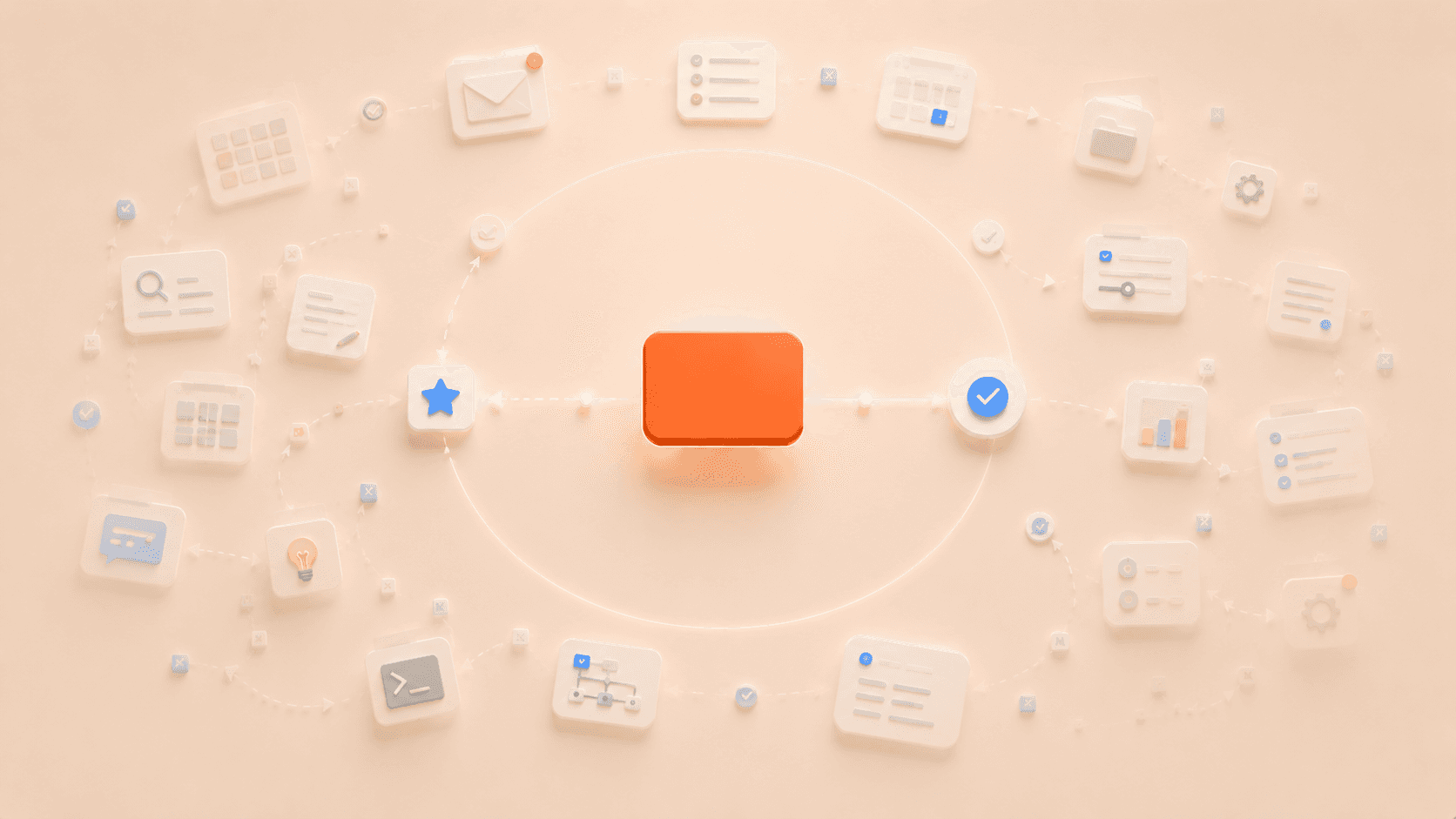 Minimalistische 3D-Illustration mit einer leuchtenden korallfarbenen Fokuskarte im Zentrum eines klaren direkten Arbeitswegs. Um die Mitte verlaufen transparente E-Mail-, Recherche-, Dashboard-, Planungs-, Prompt- und Tool-Elemente in einer weichen kreisförmigen Schleife und symbolisieren produktive Prokrastination, bei der scheinbar sinnvolle Aufgaben die eigentliche Hebelarbeit verdrängen.