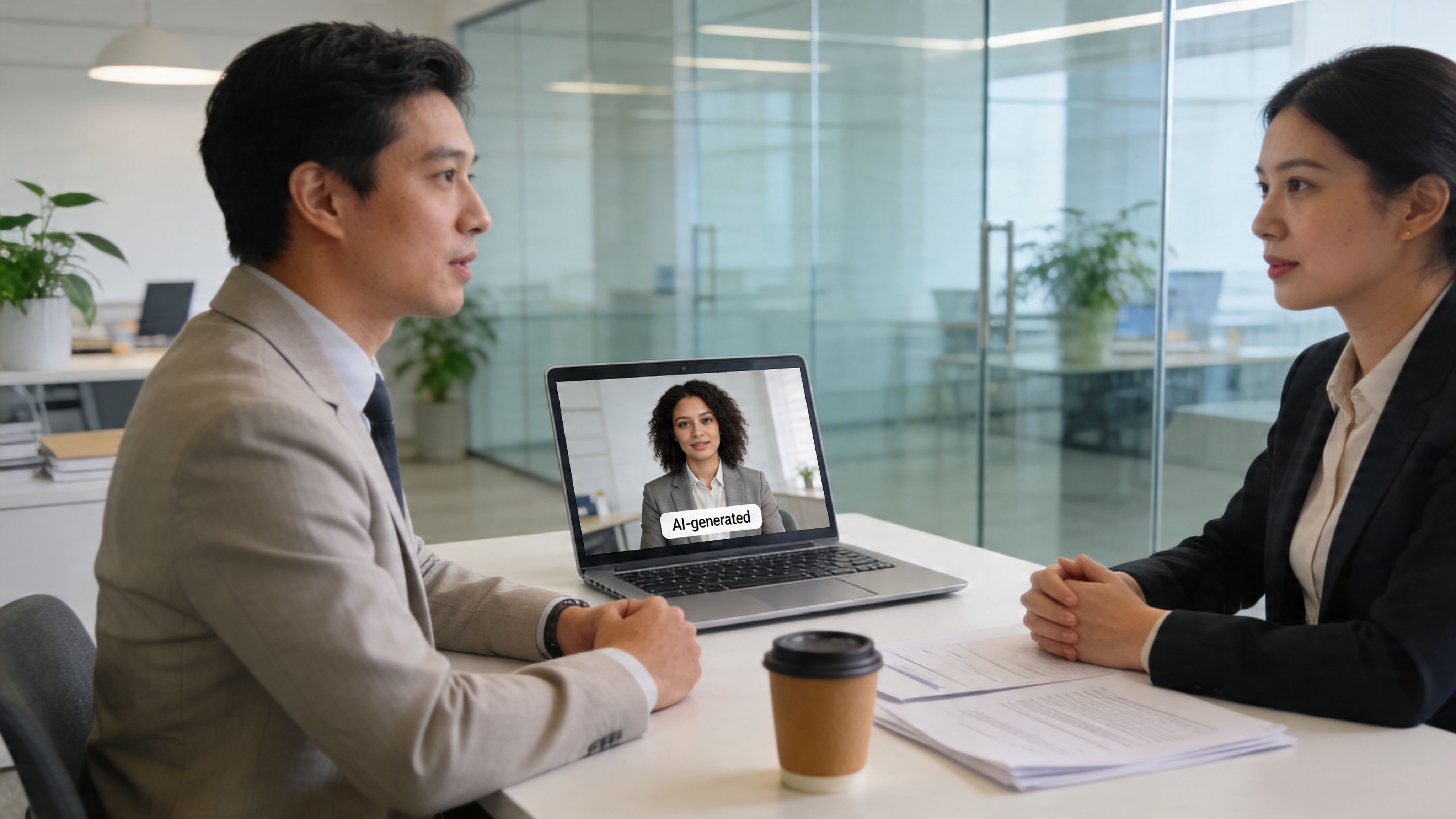 Ein Mann und eine Frau bei einem Vorstellungsgespräch mit einer KI-generierten Person auf einem Laptop-Bildschirm.