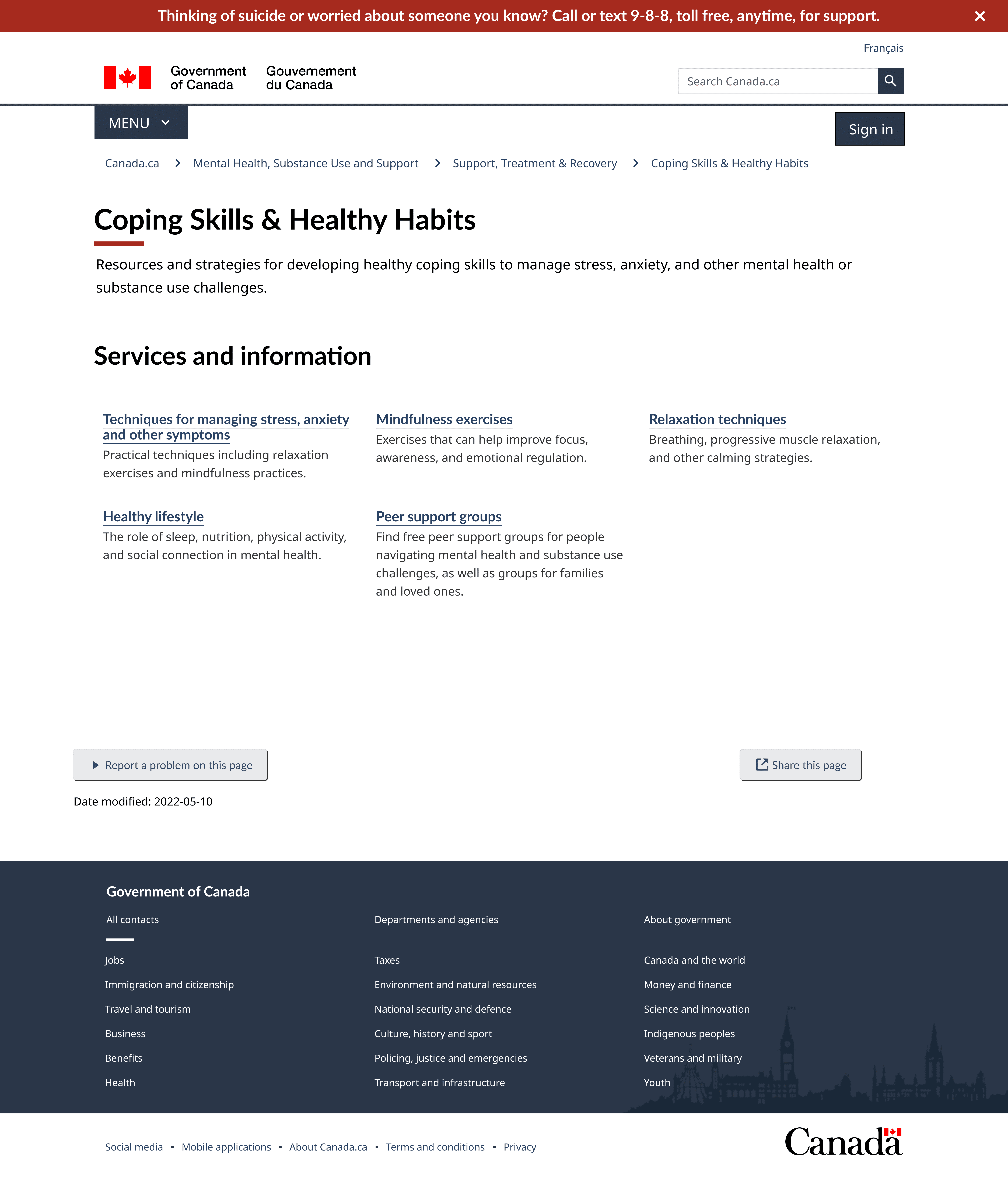 Screenshot of the proposed coping skills and healthy habits page