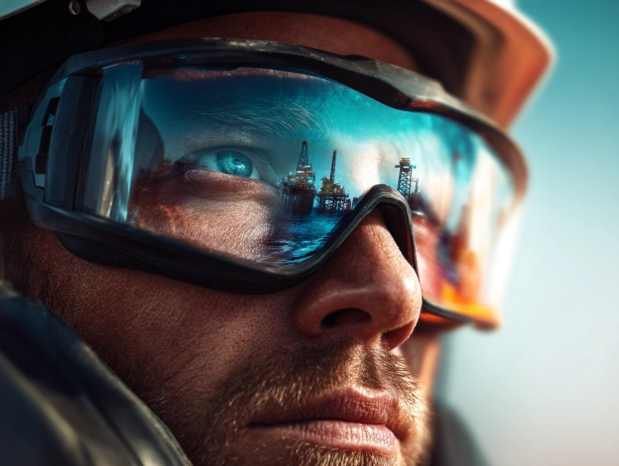 Close-up of a worker in safety goggles, reflection shows oil rigs on the water, focused on the eyes and the goggles.