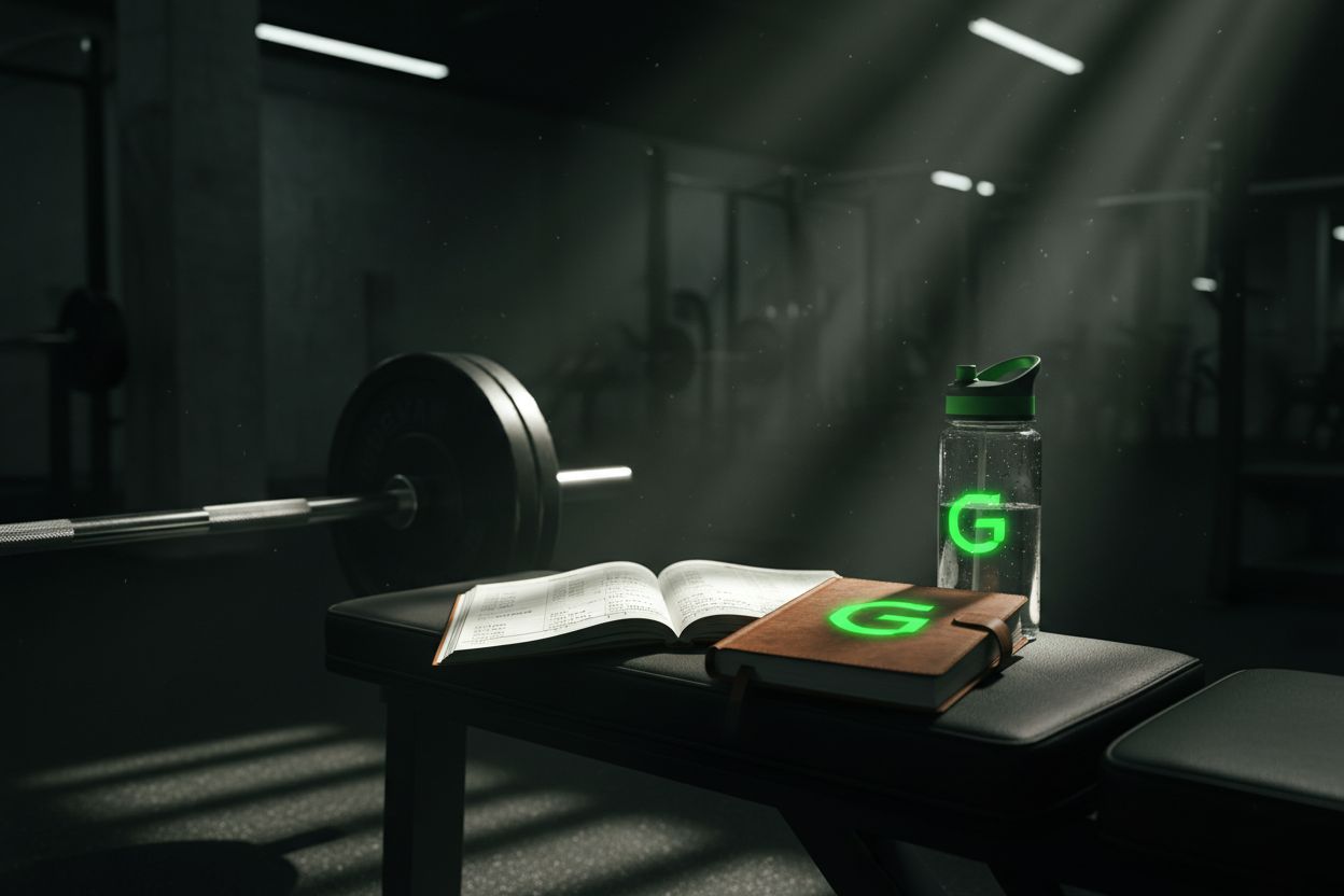 Gym notebook beside a barbell and water bottle