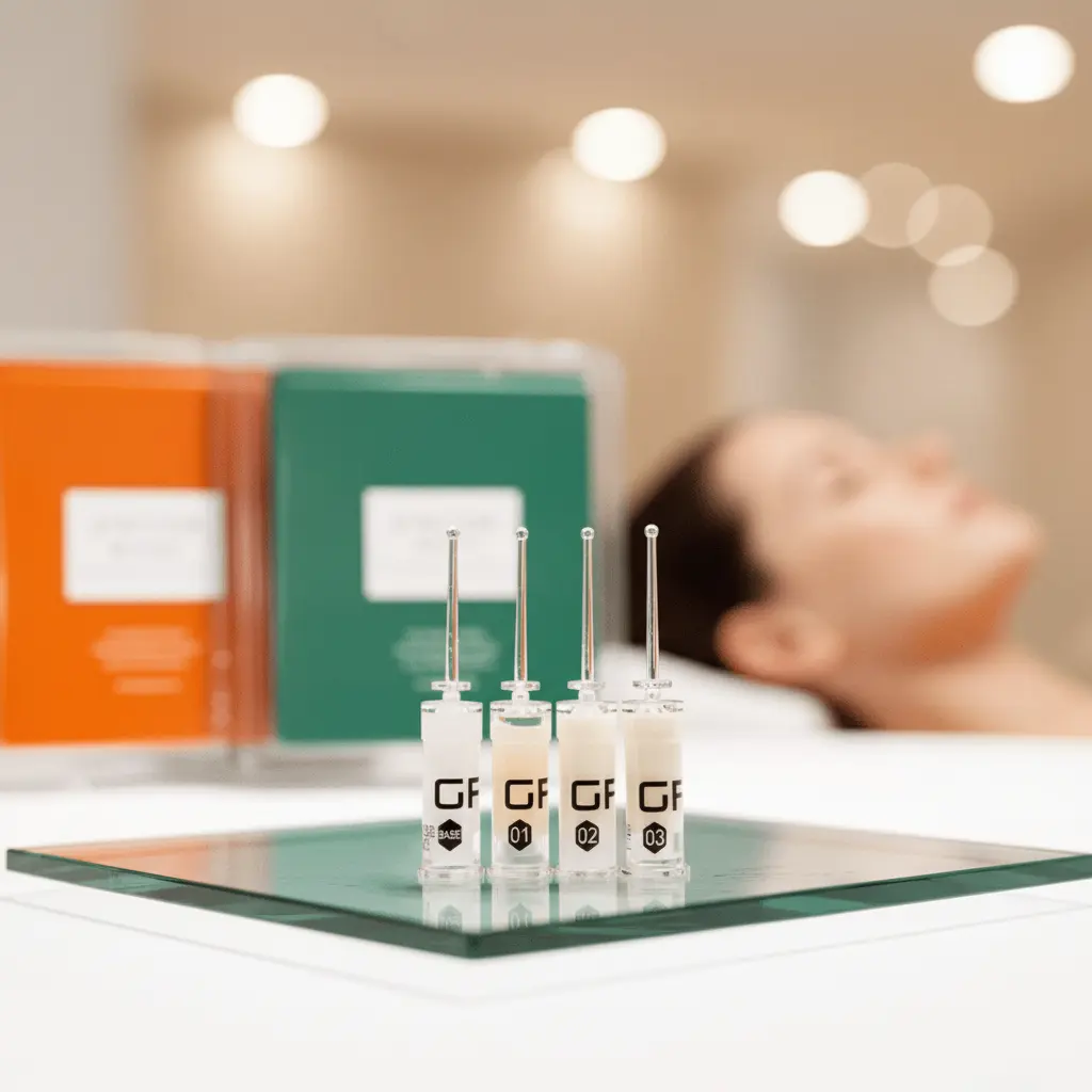 Preparaty Gen Factor ustawione na szklanej podstawce, w tle rozmyta sylwetka kobiety leżącej na łóżku zabiegowym