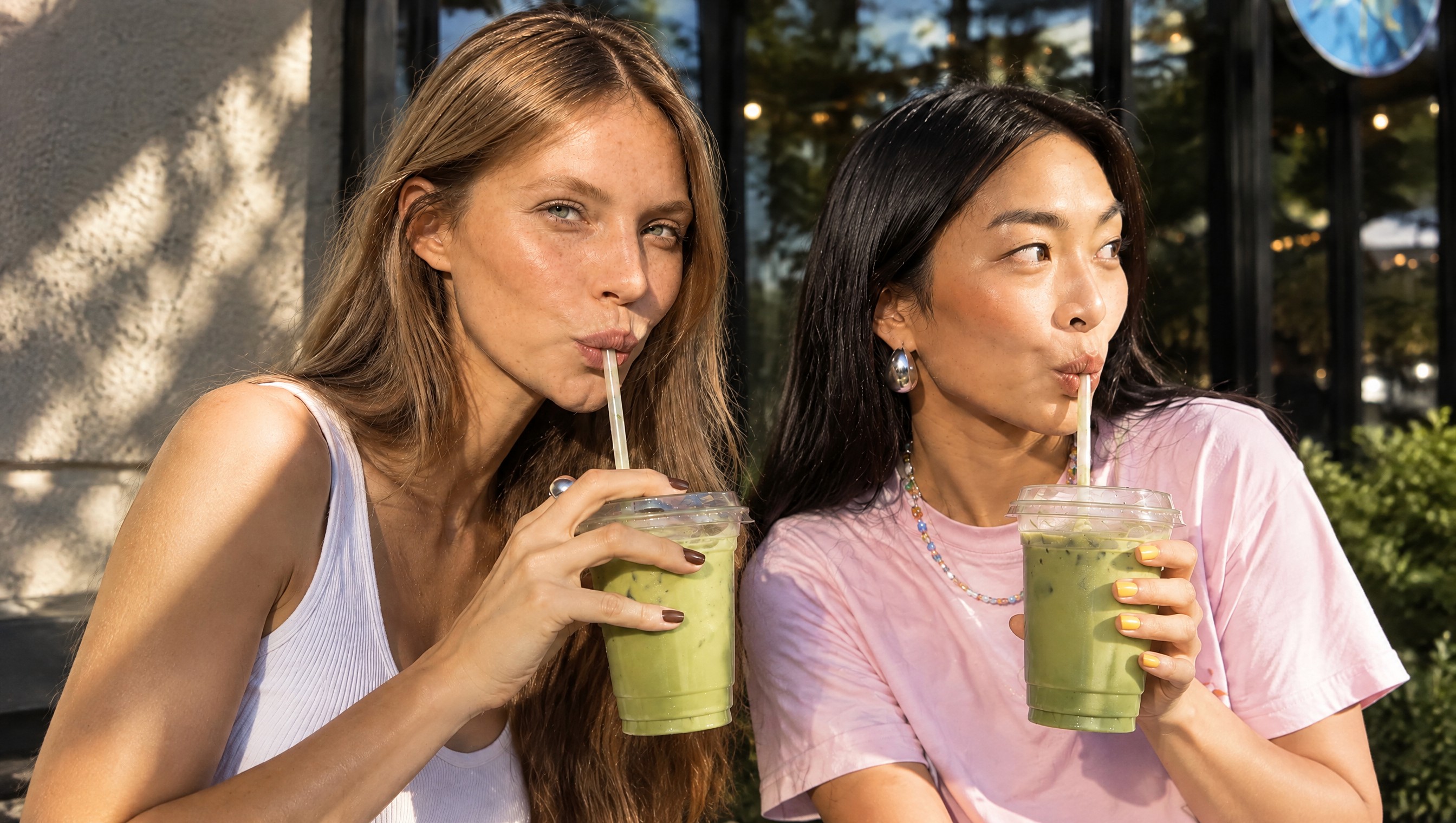 An iced matcha latte in a clear cup on the corner of a grey concrete bench with lettering cut into its side