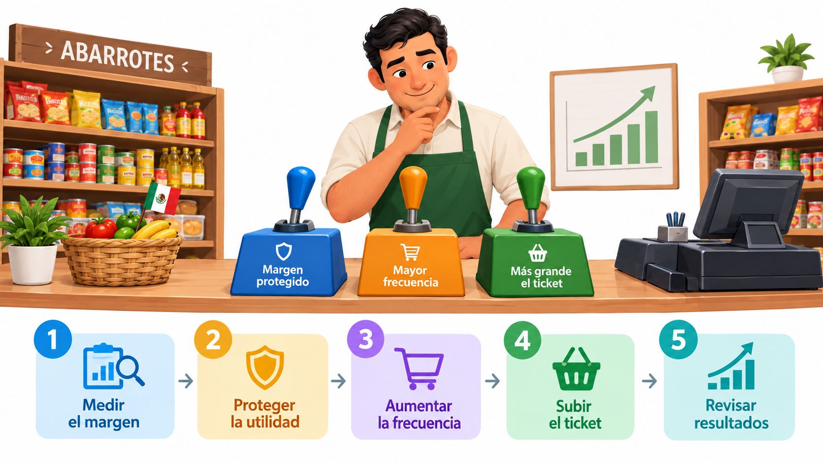 Dueño de tienda de abarrotes operando palancas estratégicas para optimizar las ventas y rentabilidad del negocio.