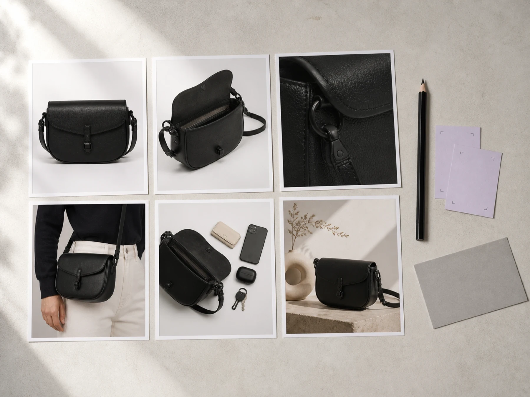 Six product-photo prints showing a black crossbody bag as identity, construction, detail, scale, contents, and campaign views