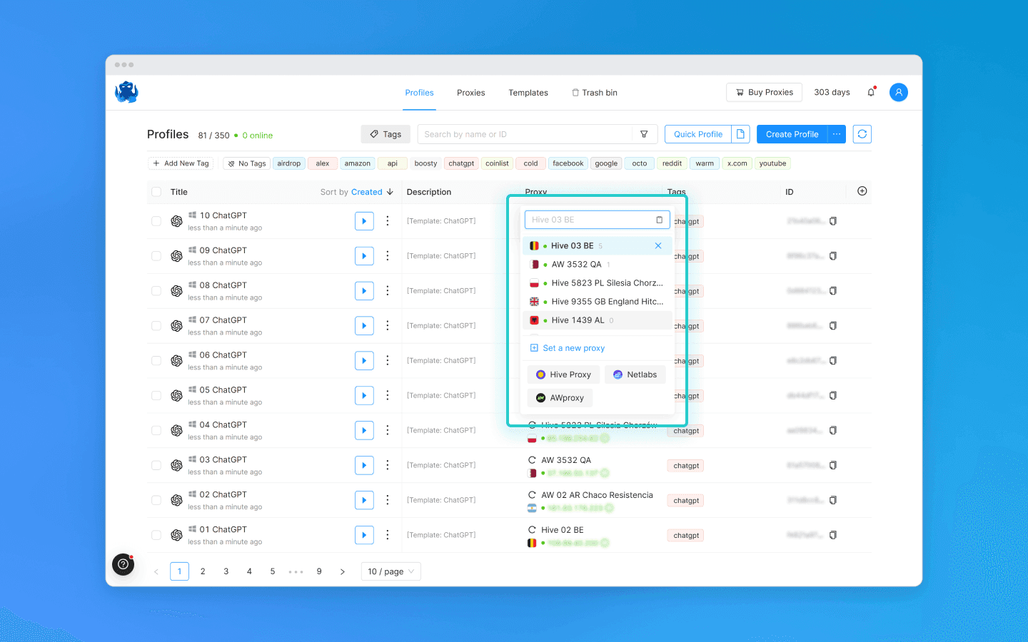 different proxies to each profile