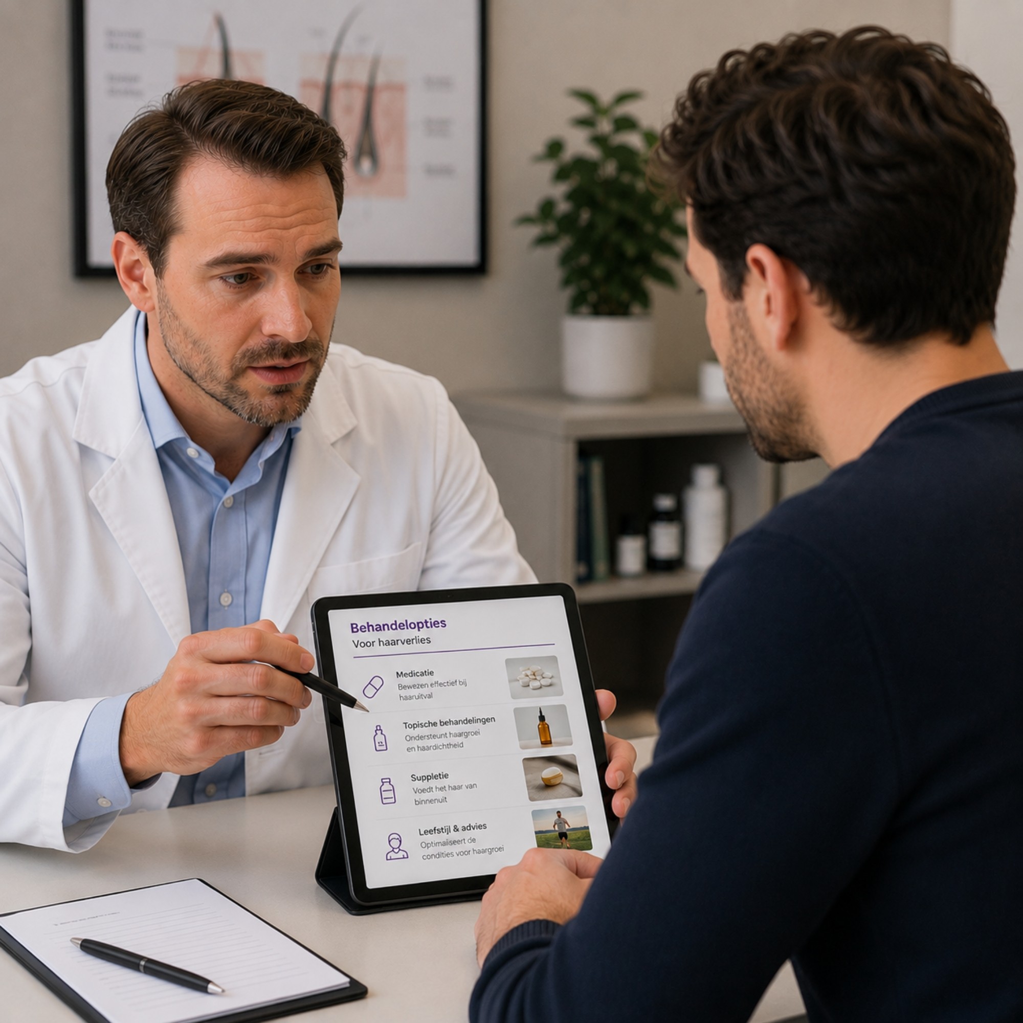 Specialist bespreekt mogelijke behandelopties voor haarverlies met een man tijdens een medisch haarconsult met behulp van een tablet.