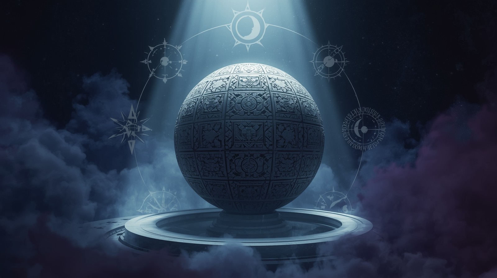 Symbolic cinematic composition showing a large stone sphere with intricate carvings surrounded by abstract icons