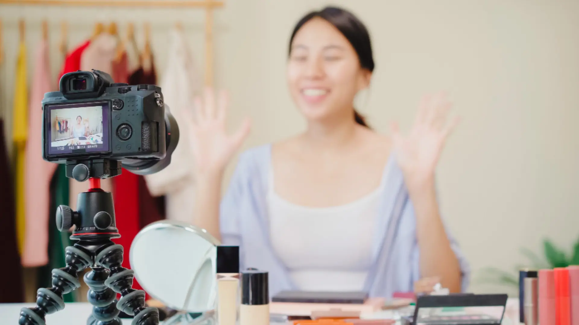 A content creator filming user-generated content with a camera setup, illustrating UGC and influencer marketing in 2026.