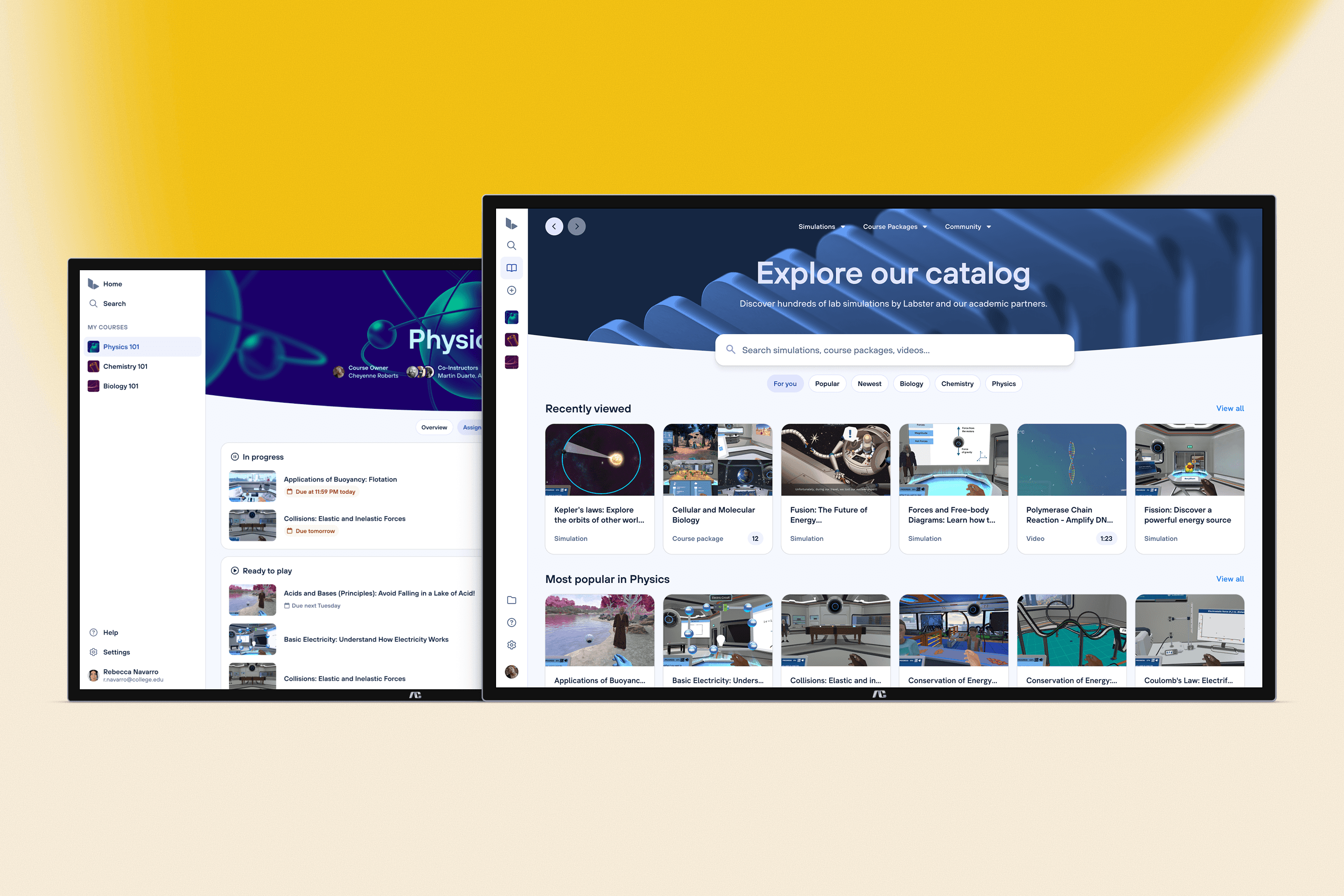 Mockups of the rebranded Labster product shown in two desktop displays.