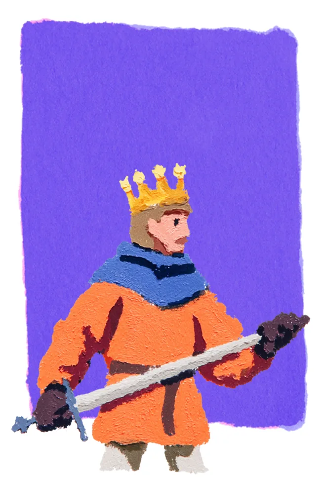 A crowned figure in an orange robe holds a sword, illustrating the Grow step of Floating Castle's process